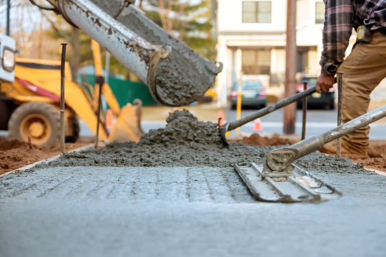 Workers pour, level fresh concrete for sidewalk amidst construction activities on works day