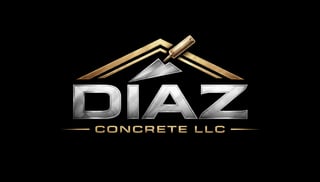 DIAZ Concrete LLC logo featuring a house roof with a hammer and silver metallic lettering on dark background