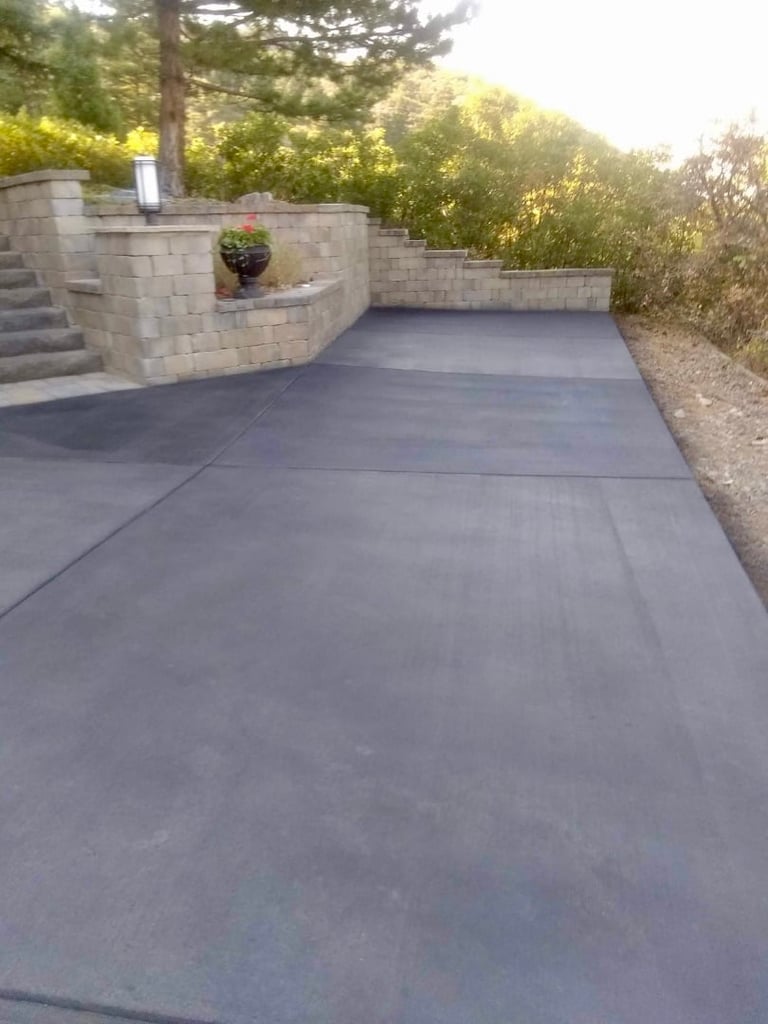 Gray concrete driveway with curved stone retaining wall and green planter, bordered by evergreen trees
